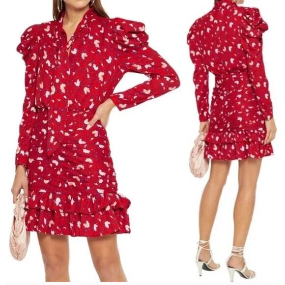 NWT Walter Baker Kiara Tie Neck Ruched Floral-Print Crepe De Chine Mini Dress - Picture 1 of 6
